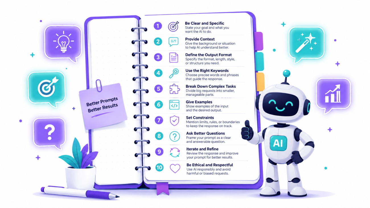 Create a clean, modern flat illustration for a blog article titled "How to Write Better AI Prompts: 10 Principles Every Beginner Should Know". Scene: An open notebook displayed in the center, showing a page with 10 numbered prompt-writing tips. Surrounding the notebook are glowing AI chat bubbles containing simple icons such as a lightbulb, target, question mark, and magic wand. A friendly robot mascot stands beside the notebook giving a thumbs-up, symbolizing successful AI communication. Style: Modern flat vector illustration, professional yet approachable. Clean lines, smooth shapes, minimal clutter, and subtle depth. Use a white background with purple and teal accent colors throughout the design. Soft shadows and gentle glow effects around the chat bubbles. Composition: Balanced layout with the notebook as the focal point. The robot should appear helpful and welcoming. Leave some negative space for title placement if needed. Mood: Educational, beginner-friendly, innovative, and inspiring. Aspect Ratio: 16:9 (featured image) or 1:1 (social media/blog thumbnail). Quality: High-resolution, crisp, website-ready illustration, suitable for technology, AI, and productivity content.