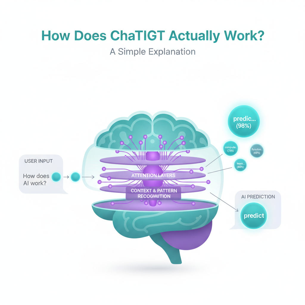 How Does ChatGPT Actually Work? A Simple Explanation Image prompt A friendly cut-away diagram of a "brain" inside a chat interface showing tokens, attention layers, and predictions as simple glowing nodes. Approachable infographic illustration, teal and purple palette, white background.