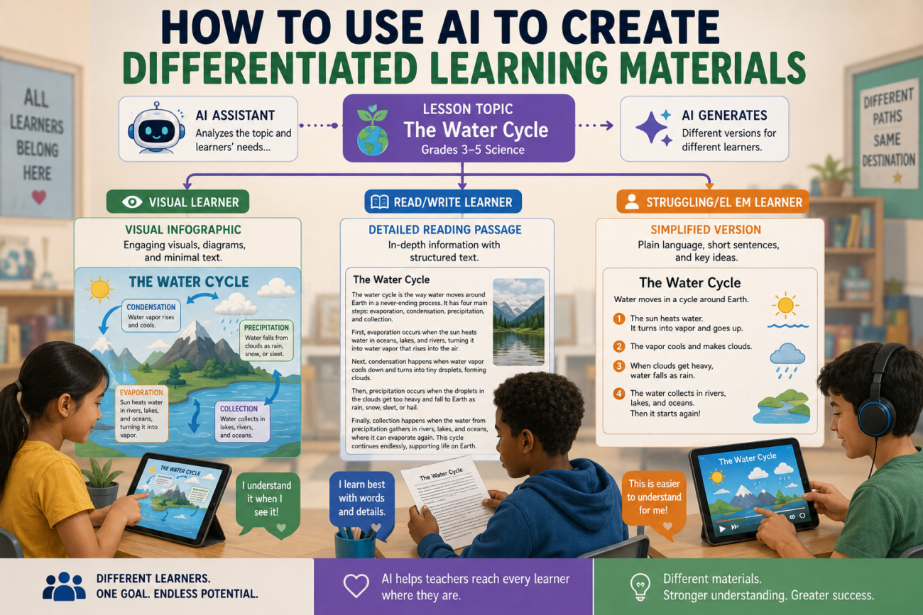 How to Use AI to Create Differentiated Learning Materials Image prompt One lesson topic branching into three different learning materials — visual, text-heavy, simplified — all generated by AI for different learning levels. Inclusion-focused educational illustration, diverse student representation.