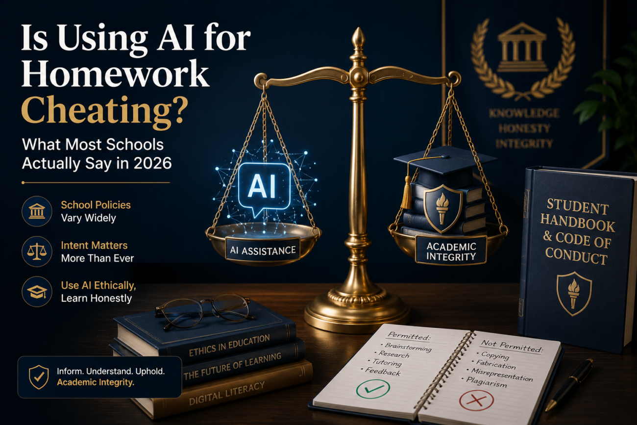 Is Using AI for Homework Cheating? What Most Schools Actually Say in 2026 Image prompt A scale of justice weighing "AI assistance" on one side and "academic integrity" on the other, a school rulebook visible. Thoughtful debate editorial illustration, balanced composition, navy and gold academic colors.